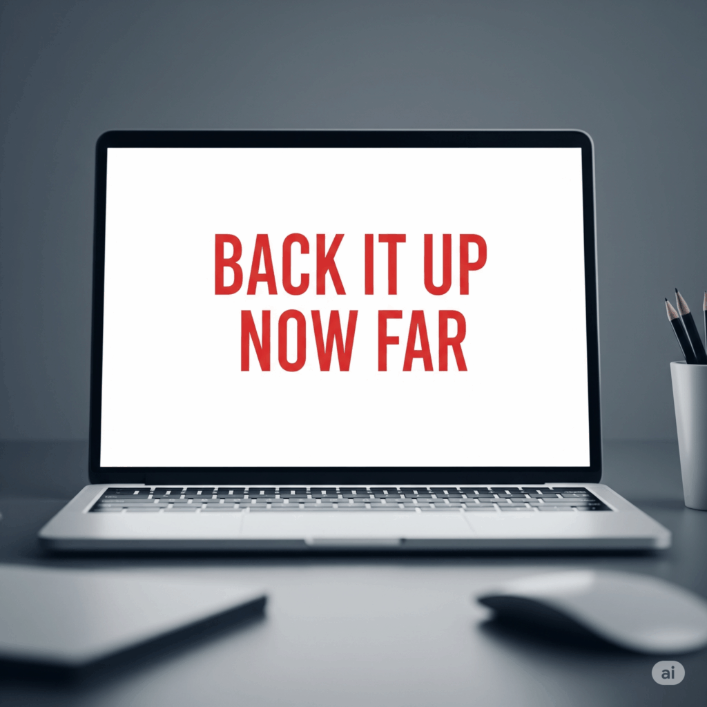 laptop dengan layar terang menampilkan pesan 'BACK IT UP NOW FAR' dalam huruf besar dan tebal