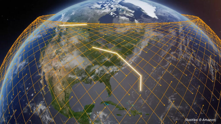 Grafik ini menunjukkan bagaimana Proyek Kuiper akan menggunakan sinyal optik antar satelit. (Ilustrasi Amazon)