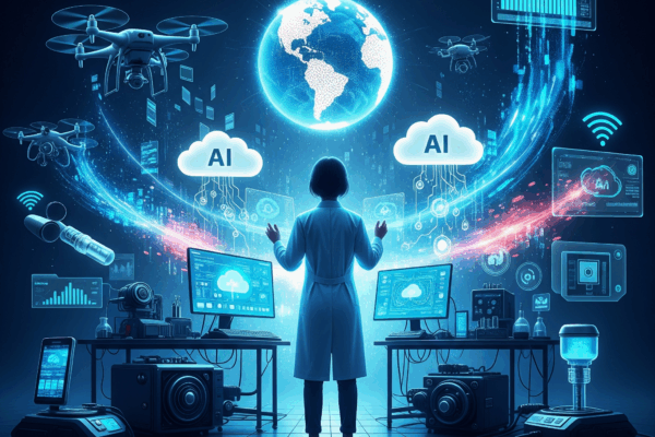 Technological Breakthroughs That Will Change Our Lives in 2025 Ilustrasi dinamis yang menampilkan inovasi teknologi, AI, cloud computing, IoT, dan digitalisasi