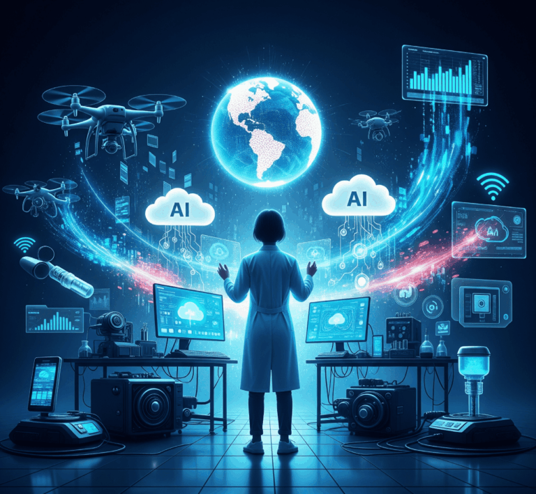 Ilustrasi dinamis yang menampilkan inovasi teknologi, AI, cloud computing, IoT, dan digitalisasi