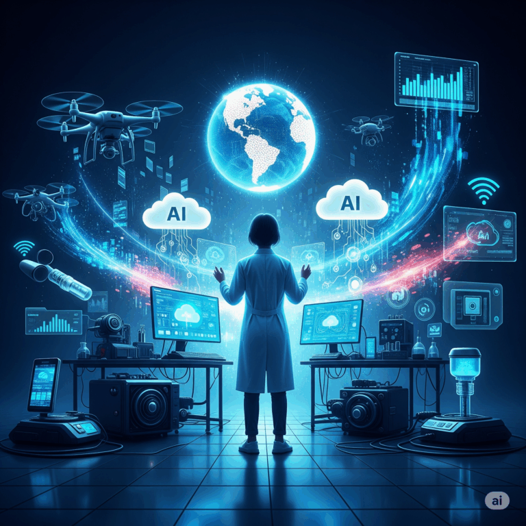 Ilustrasi dinamis yang menampilkan inovasi teknologi, AI, cloud computing, IoT, dan digitalisasi
