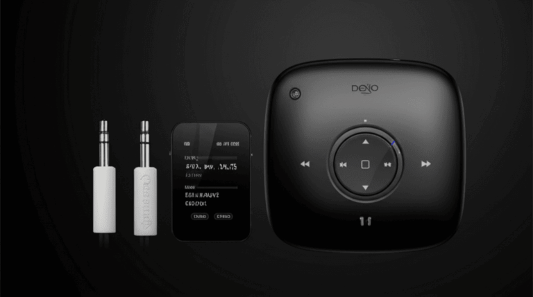 Sebuah pemutar MP3 portabel berwarna hitam dengan kontrol sentuh melingkar di bagian tengah, ditemani oleh dua konektor audio 3.5mm berwarna putih dan perangkat kecil lainnya dengan layar
