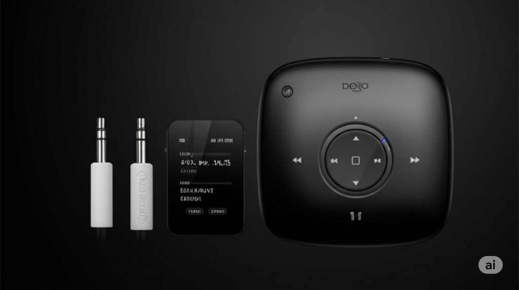 Sebuah pemutar MP3 portabel berwarna hitam dengan kontrol sentuh melingkar di bagian tengah, ditemani oleh dua konektor audio 3.5mm berwarna putih dan perangkat kecil lainnya dengan layar