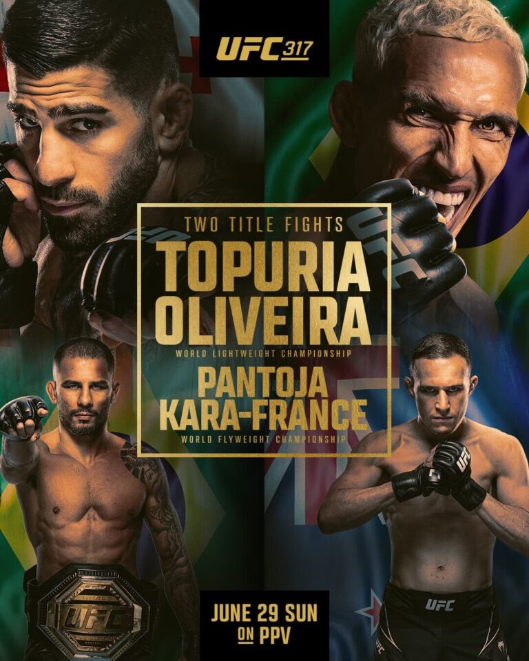 Ilia Topuria dan Charles Oliveira saling berhadapan di dalam oktagon UFC, simbol pertarungan utama UFC 317