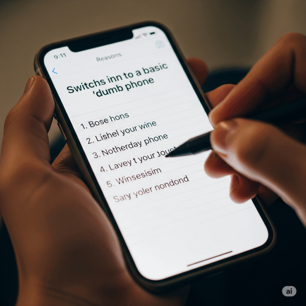 tangan yang memegang smartphone dengan aplikasi catatan terbuka, menampilkan daftar alasan tulisan tangan untuk beralih ke ponsel dasar, atau 'bodoh'