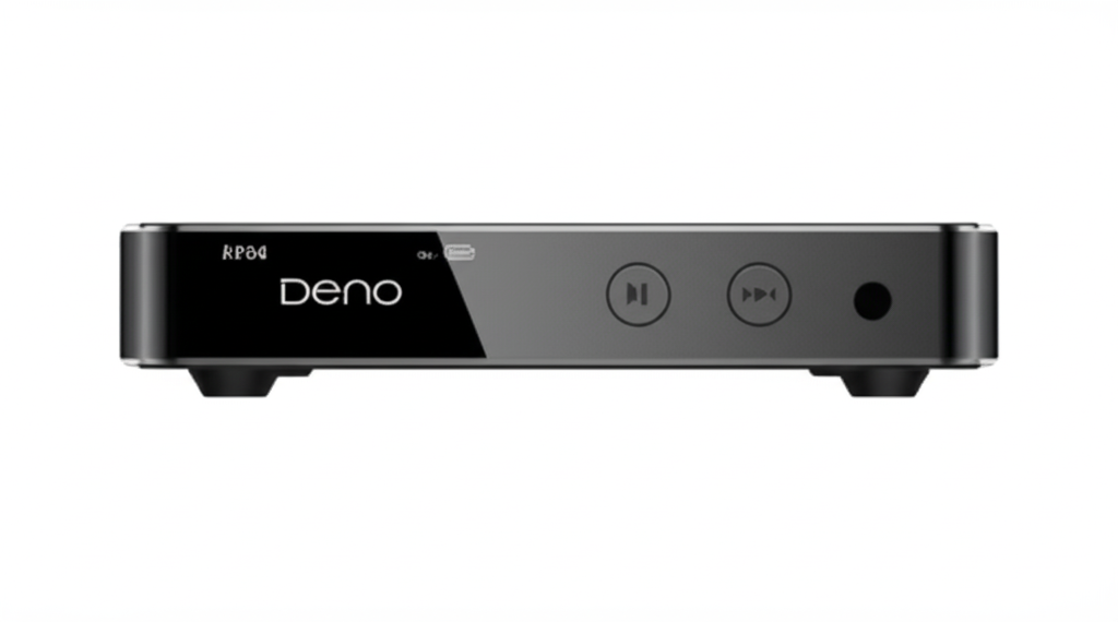 Tampak depan sebuah dekoder audio digital berwarna hitam dengan layar kecil menampilkan teks "Deno", serta tombol putar/jeda dan maju cepat