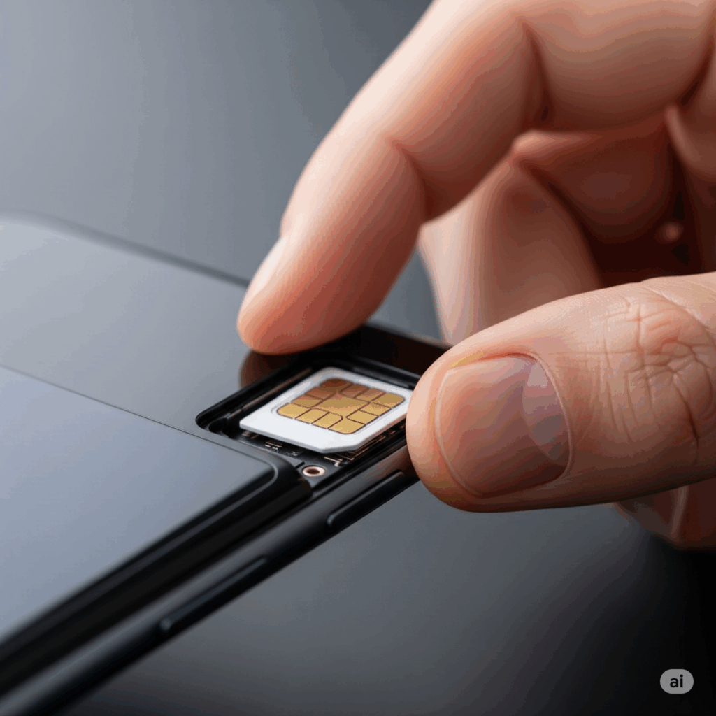 tangan dengan lembut mengeluarkan kartu SIM dari smartphone ramping dan modern