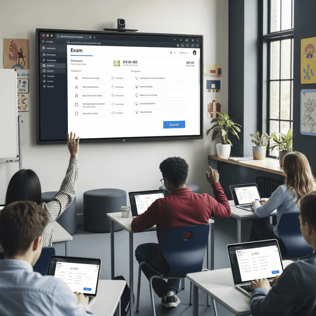 Antarmuka platform pembelajaran online dengan siswa mengerjakan ujian digital di kelas modern