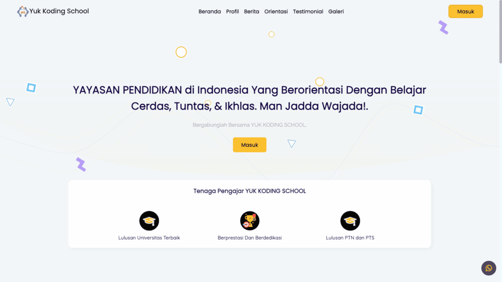 Tampilan beranda website Yuk Koding School yang menampilkan visi pendidikan dan fokus pada belajar cerdas