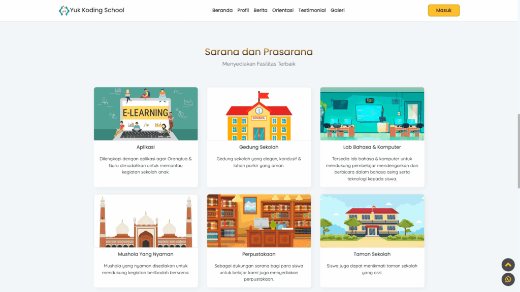 Tampilan website Yuk Koding School bagian sarana dan prasarana, menunjukkan fasilitas seperti e-learning, gedung sekolah, dan lab komputer
