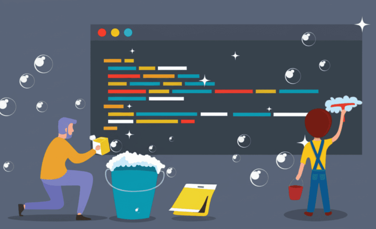 Ilustrasi perbandingan kode bersih (clean code) dan kode berantakan, melambangkan pentingnya prinsip-prinsip pengembangan perangkat lunak yang baik