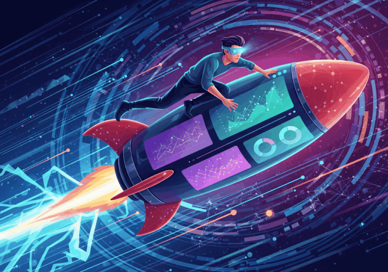 Ilustrasi optimasi performa website, roket meluncur cepat, simbol kecepatan dan optimasi frontend yang efektif