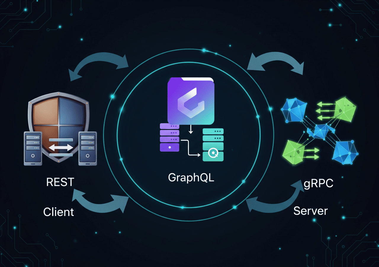 Perbandingan visual antara REST, GraphQL, dan gRPC untuk desain API