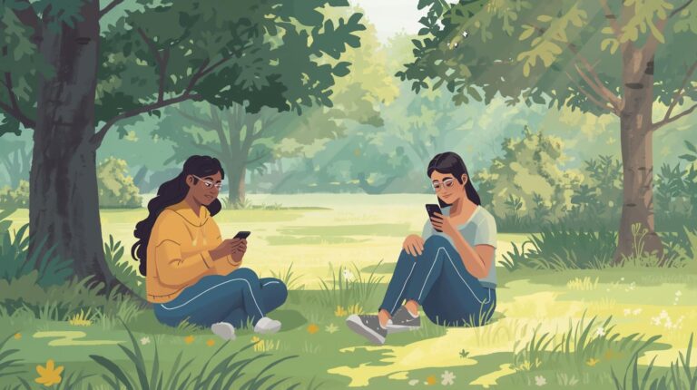 Ilustrasi dua orang santai di taman sambil menggunakan ponsel dengan ekspresi tenang, melambangkan keseimbangan antara teknologi dan kesehatan mental.
