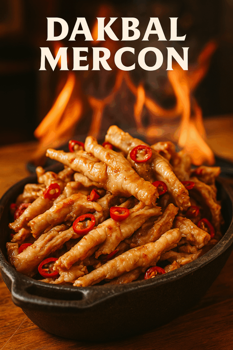 emangkuk Dakbal (ceker ayam tanpa tulang) pedas berkilau dengan taburan wijen putih dan irisan cabai merah di atas mangkuk keramik putih.