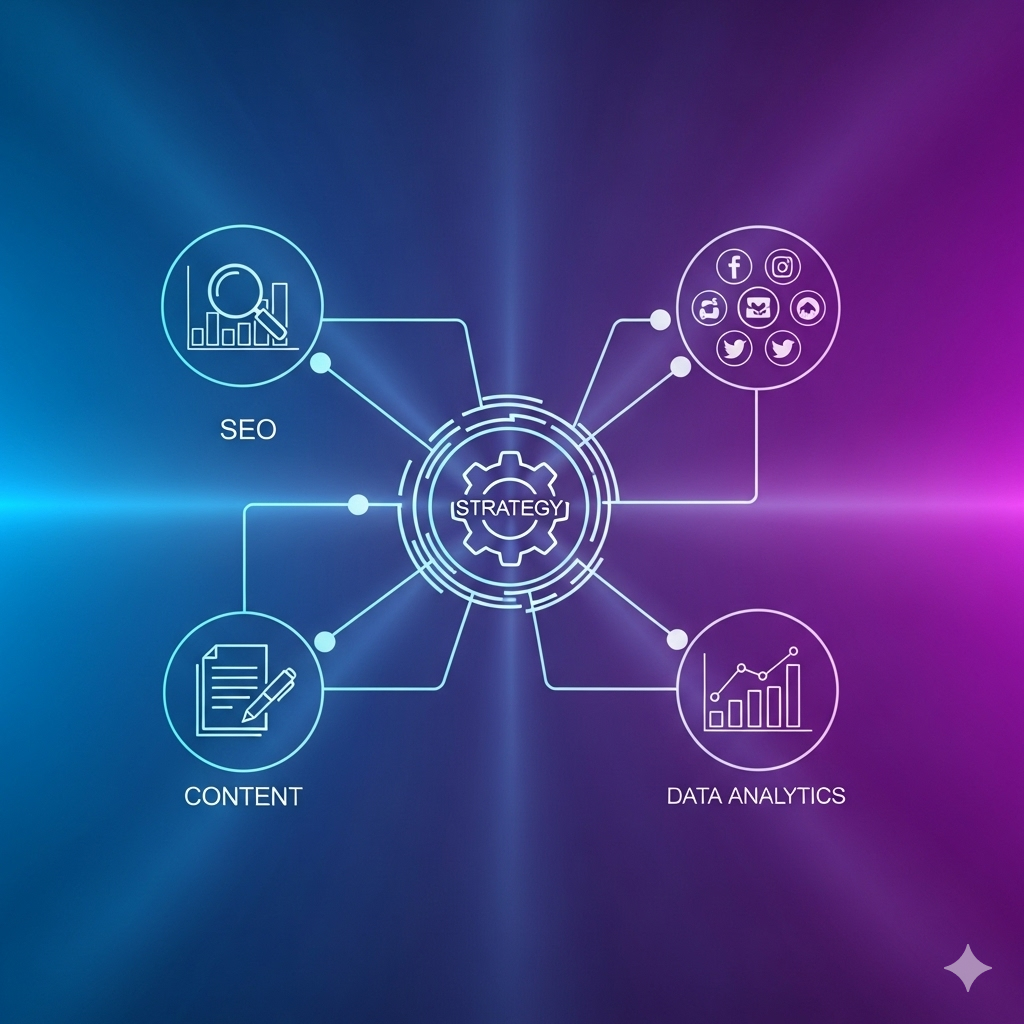 Representasi visual strategi digital marketing, menunjukkan ikon-ikon seperti SEO, media sosial, konten, dan data analitik yang saling terhubung dalam sebuah sistem roda gigi pusat.