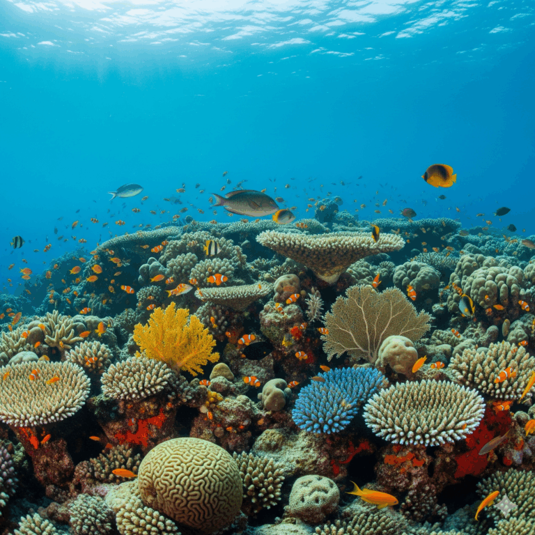 Keanekaragaman biota laut pada terumbu karang yang sehat dan berwarna-warni, menampilkan ikan tropis yang berenang di antara karang.