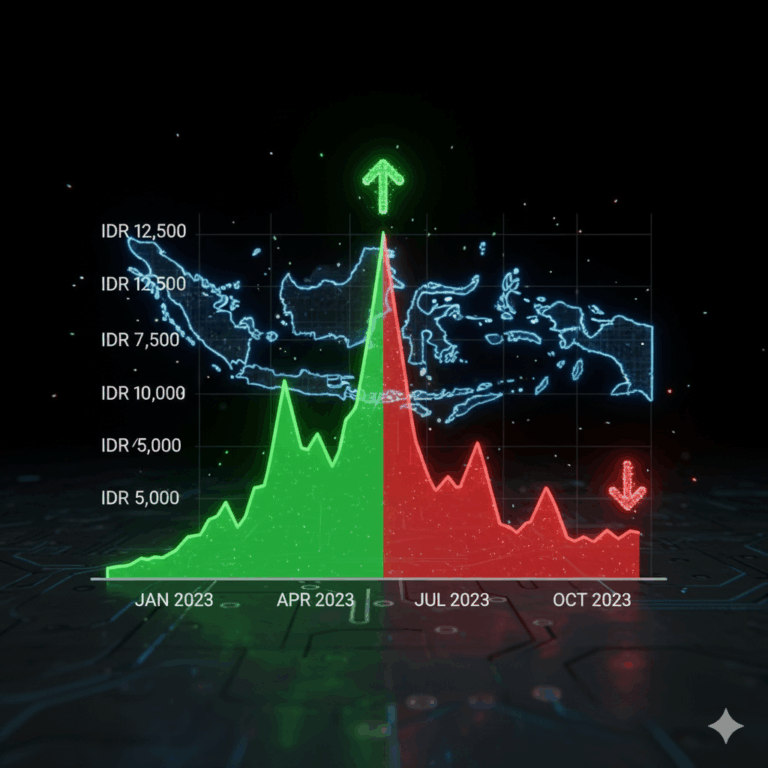 Grafik pergerakan saham Indonesia dengan latar gedung bursa dan investor