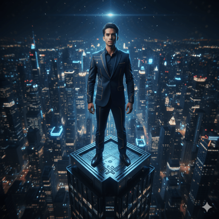 Pengusaha muda visioner berdiri di puncak gedung, memandang masa depan dengan penuh keyakinan