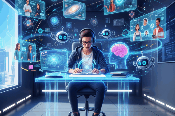 Revolusi Pendidikan 2025: Belajar Tanpa Batas dengan AI, AR, dan Metaverse Seorang pelajar berinteraksi dengan teknologi pendidikan masa depan, dengan hologram dan avatar yang muncul di sekitarnya, melambangkan integrasi AI, AR, dan Metaverse dalam pembelajaran.