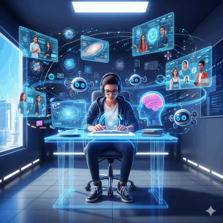 Seorang pelajar berinteraksi dengan teknologi pendidikan masa depan, dengan hologram dan avatar yang muncul di sekitarnya, melambangkan integrasi AI, AR, dan Metaverse dalam pembelajaran.