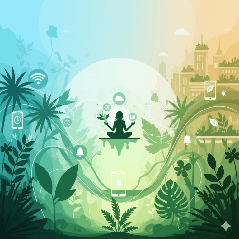 Ilustrasi gaya hidup modern yang seimbang, menggabungkan elemen digital dan alam, menunjukkan harmoni antara teknologi dan lingkungan.