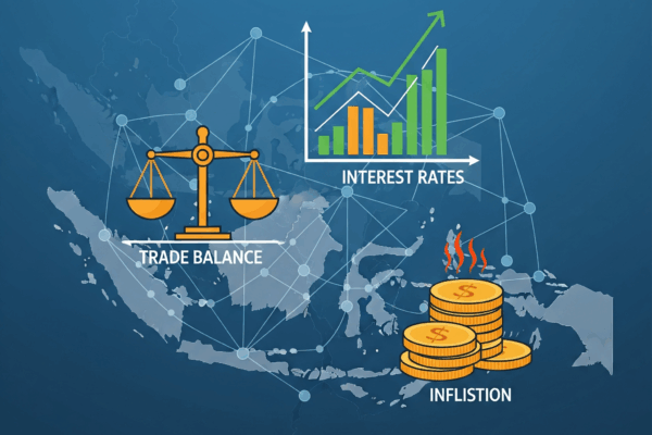 Perekonomian Indonesia 2025: Membedah Neraca Perdagangan, Suku Bunga, dan Inflasi Ilustrasi yang menggambarkan neraca perdagangan, suku bunga, dan inflasi yang saling terhubung dalam ekosistem ekonomi Indonesia.