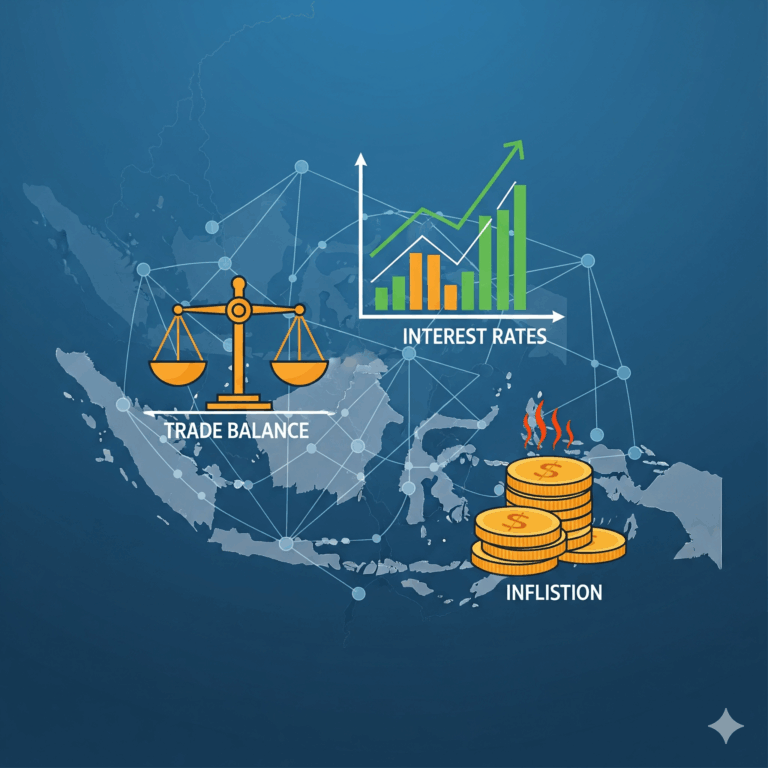 Ilustrasi yang menggambarkan neraca perdagangan, suku bunga, dan inflasi yang saling terhubung dalam ekosistem ekonomi Indonesia.