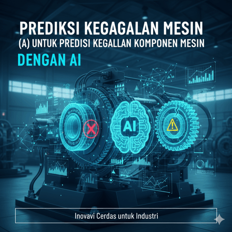 Thumbnail of a digital graphic with a machine at the center, surrounded by holographic displays of data and graphs. A glowing brain icon labeled "AI" is prominent, along with a gear icon. The text on the image is in Indonesian and reads, "PREDIKSI KEGAGALAN MESIN (A) UNTUK PREDIKSI KEGALLAN KOMPONEN MESIN DENGAN AI" which translates to "MACHINE FAILURE PREDICTION (A) FOR PREDICTING MACHINE COMPONENT FAILURE WITH AI," and "Inovasi Cerdas untuk Industri" which translates to "Smart Innovation for Industry."