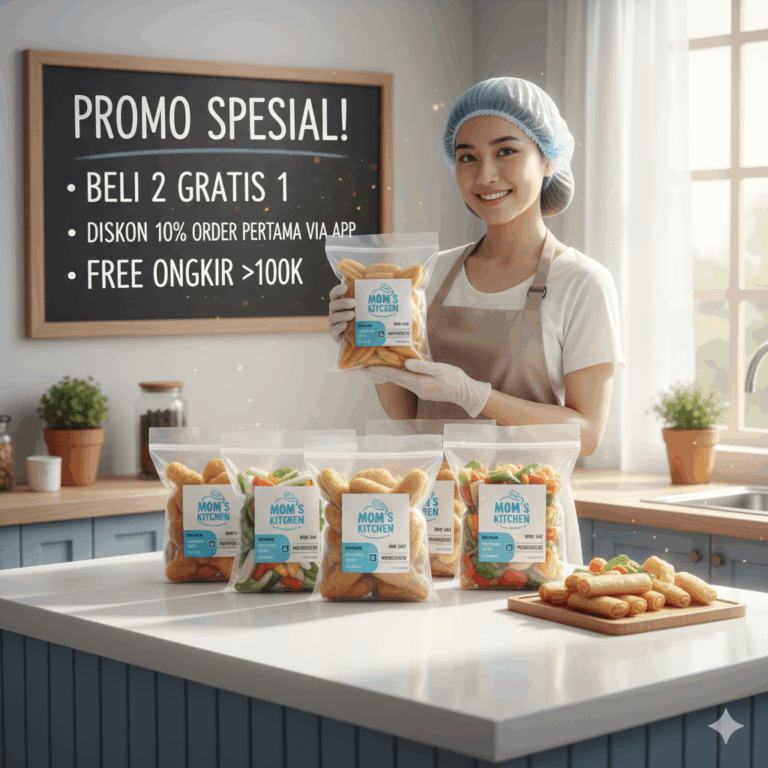 “Frozen food rumahan higienis dan lezat, tersaji dalam kemasan rapi di atas meja.”