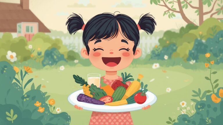 Anak tersenyum memegang sayuran dan buah-buahan segar sebagai simbol pola makan sehat.