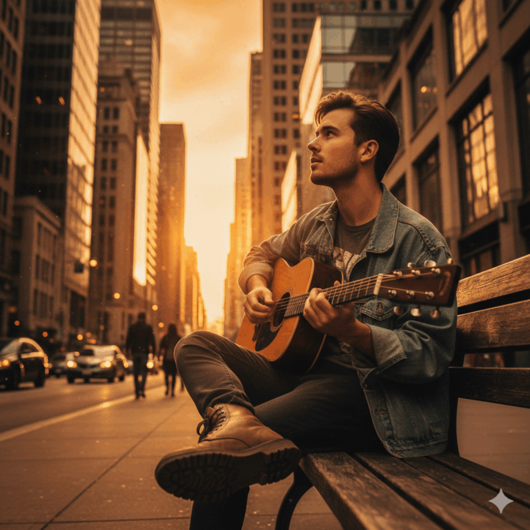 Seorang musisi muda sedang memainkan gitar di jalanan kota, dengan latar belakang siluet gedung. Ilustrasi menunjukkan harapan dan perjalanan karir di industri musik.