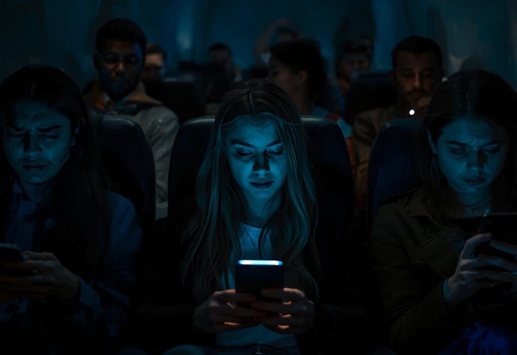 Orang duduk gelisah di tempat gelap sambil menatap smartphone, menandakan kecemasan dan kelelahan akibat doomscrolling.