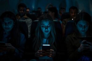 Orang duduk gelisah di tempat gelap sambil menatap smartphone, menandakan kecemasan dan kelelahan akibat doomscrolling.