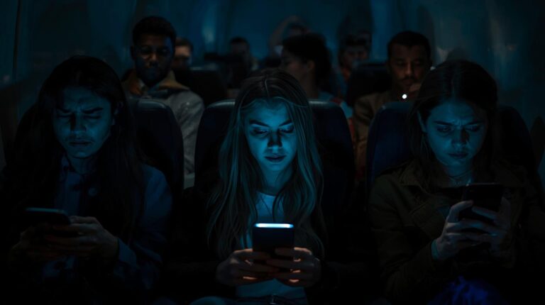 Orang duduk gelisah di tempat gelap sambil menatap smartphone, menandakan kecemasan dan kelelahan akibat doomscrolling.