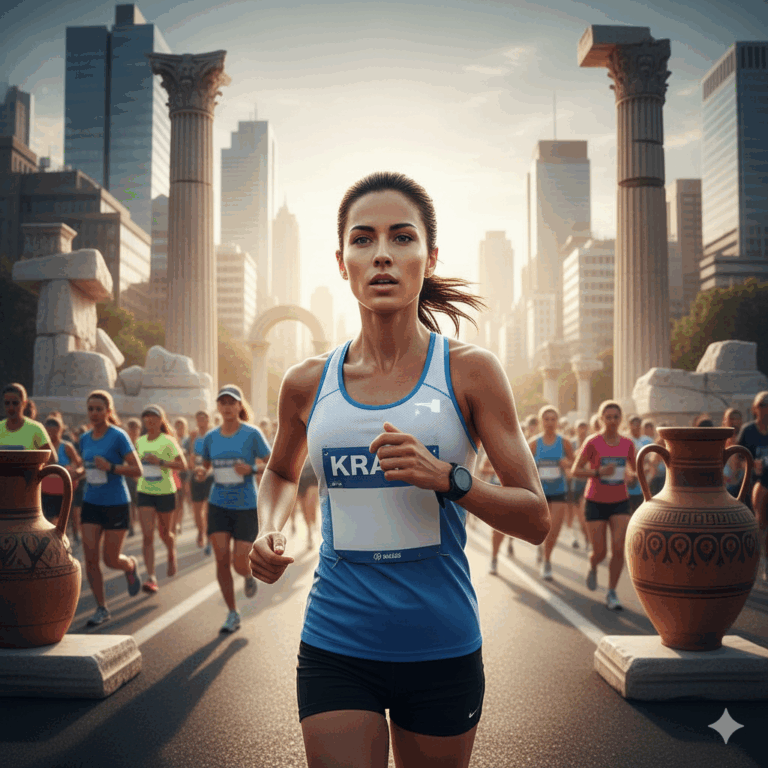 Seorang pelari maraton profesional berlari di kota modern, dengan latar belakang pilar-pilar kuno Yunani yang samar, mewakili sejarah dan ketahanan dalam maraton.