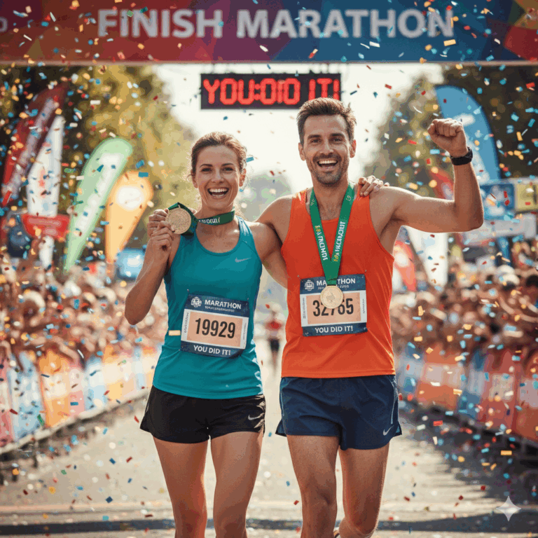 Dua pelari maraton yang tersenyum gembira saat melintasi garis akhir, merayakan keberhasilan mereka menaklukkan maraton pertama