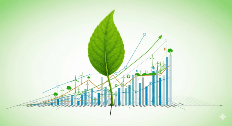 Seorang akuntan menggunakan tablet dengan grafik keuangan hijau, menunjukkan integrasi akuntansi dan lingkungan, di kantor yang modern dan berkelanjutan.