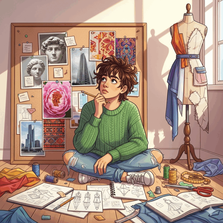 Seorang desainer muda yang sedang merenung, dikelilingi oleh sketsa, kain, dan inspirasi di studio yang berantakan namun penuh kreativitas.
