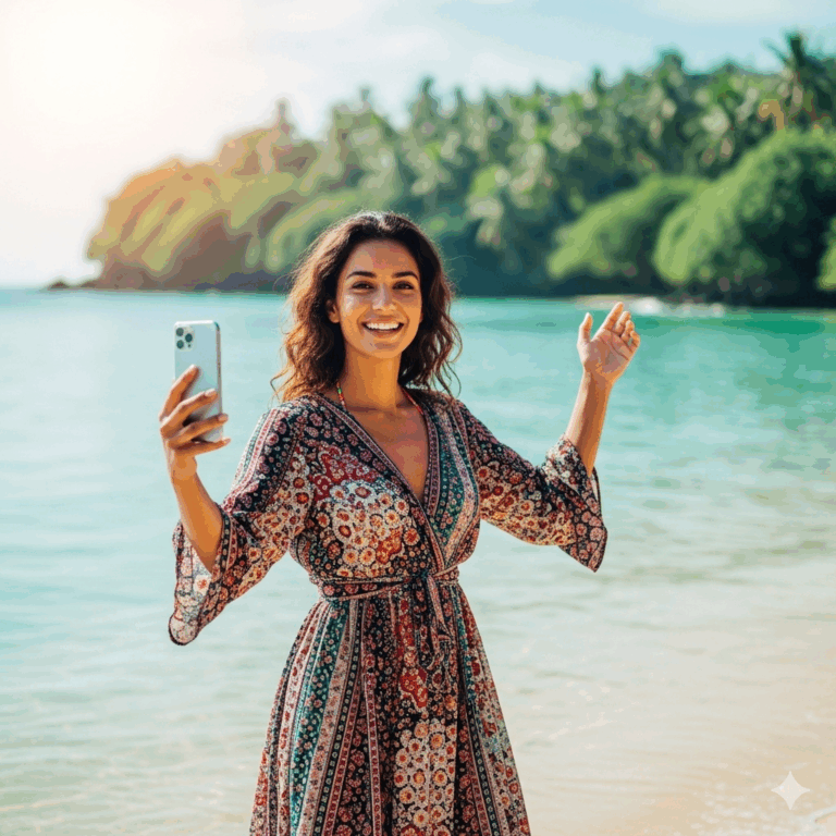 Foto profesional seorang travel influencer wanita sedang merekam video dengan smartphone di tepi pantai Bali yang indah, menunjukkan bagaimana influencer mempromosikan pariwisata melalui media sosial.