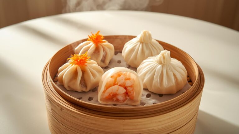 Berbagai jenis dimsum lezat seperti siomay, hakau, dan bakpao tersaji rapi di keranjang bambu, siap untuk disantap.